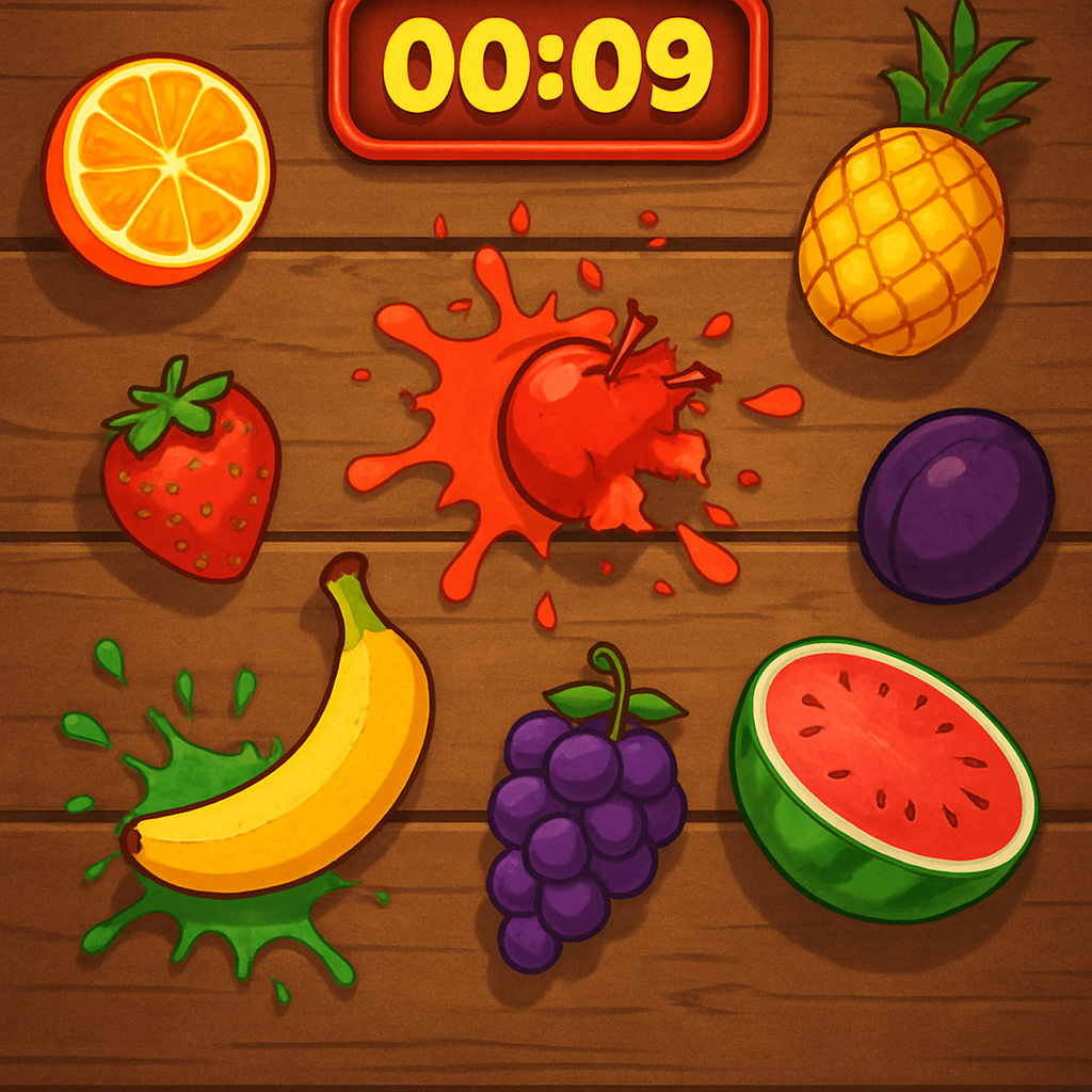 Gameplay challenge featuring a timer and various fruits to smash