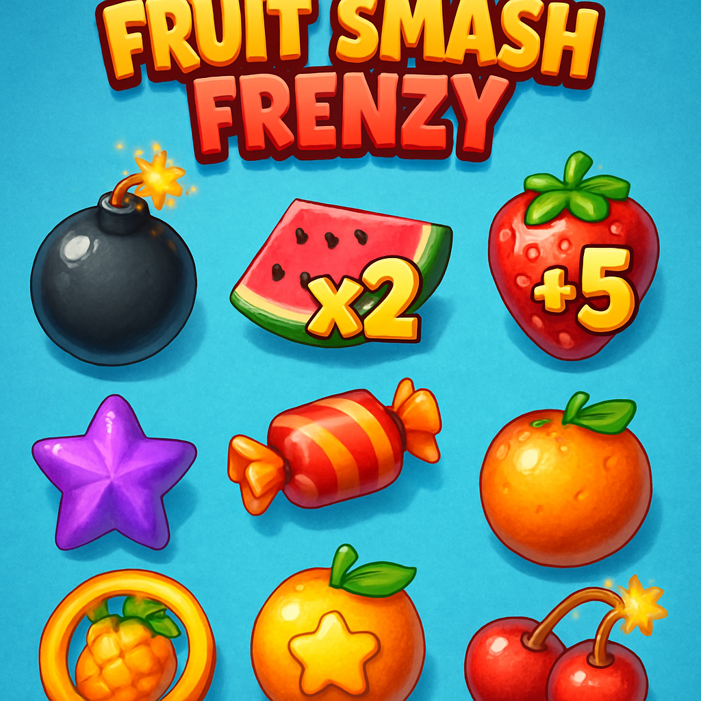 Illustration of power-ups available in the game, such as bombs and bonus fruits